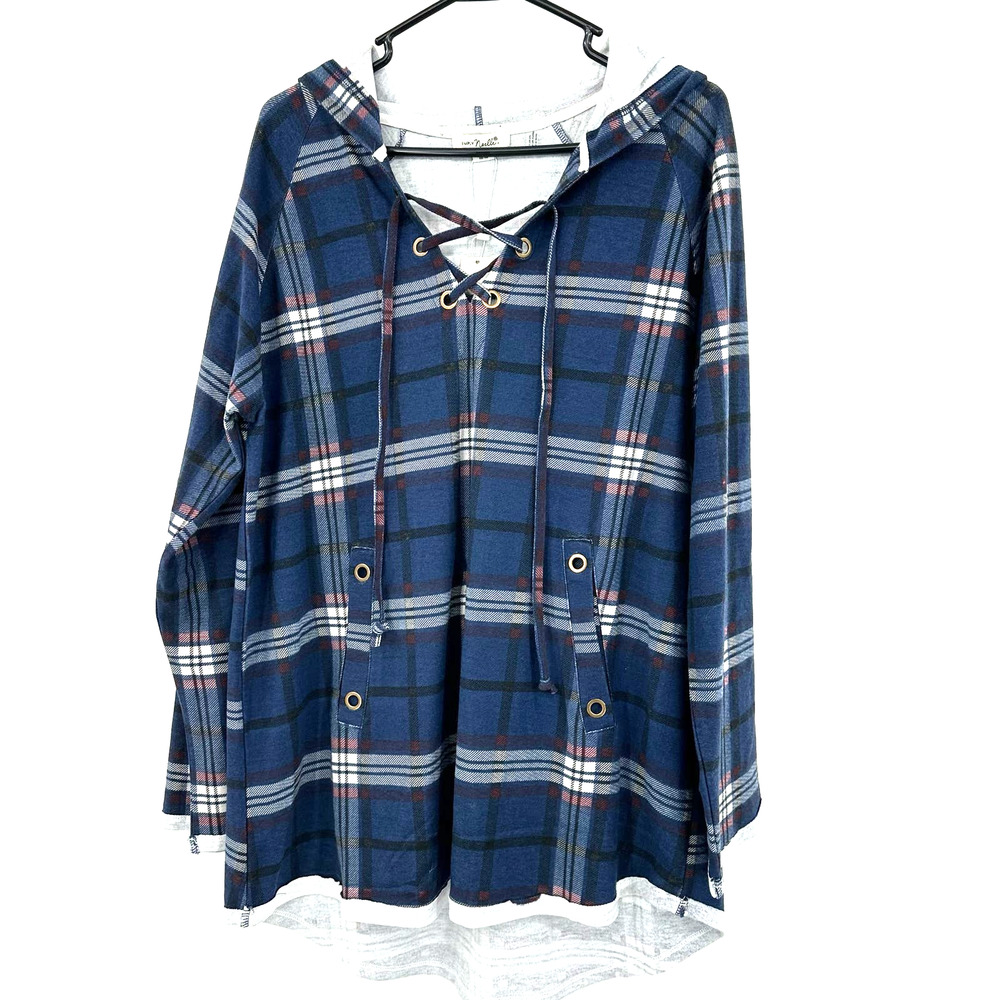 Simply Noelle‎ size large XL 12-14 blue plaid hooded top shirt kangaroo pocket